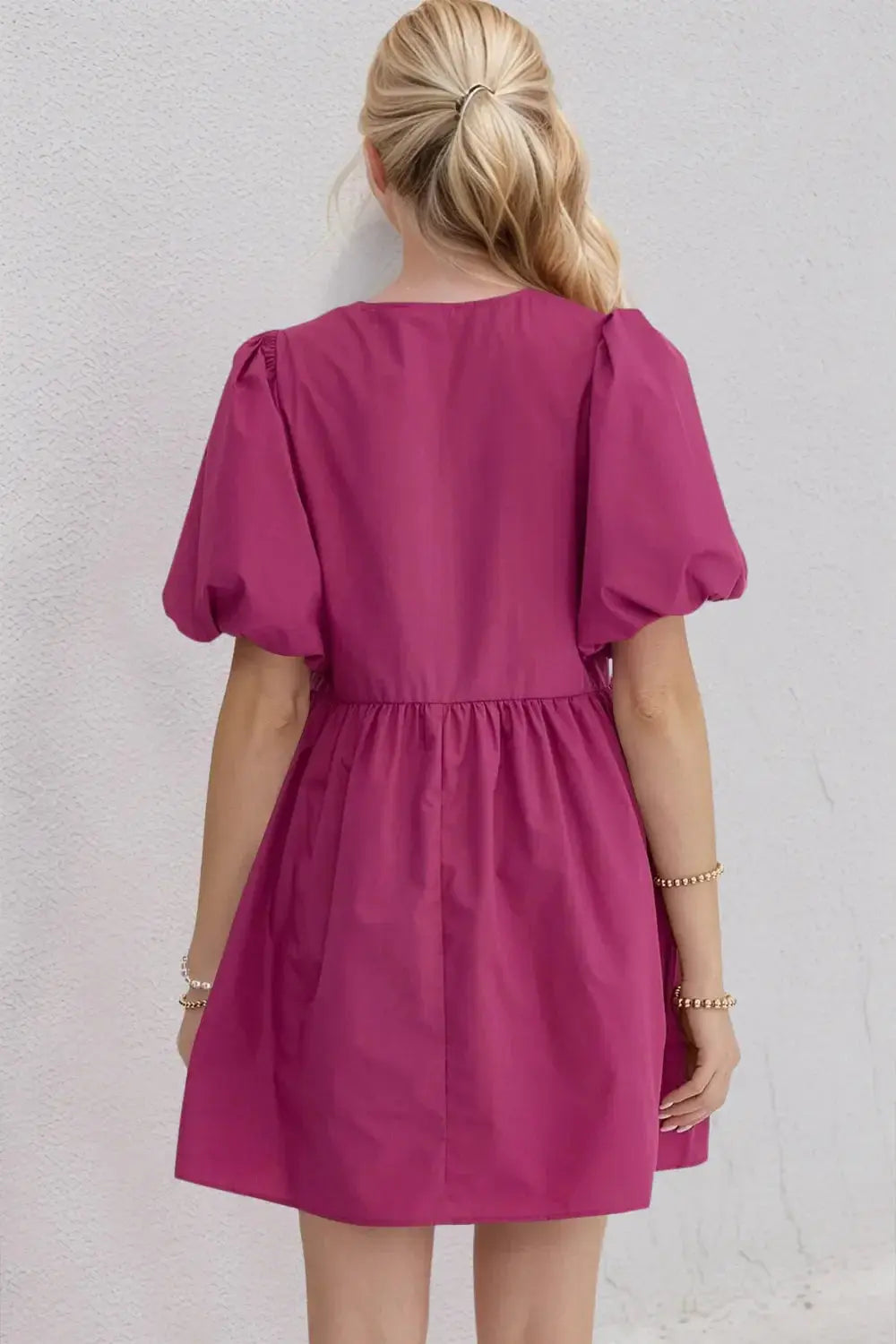 Oh Bow Ruched Puff Sleeve Mini Dress - Love Salve